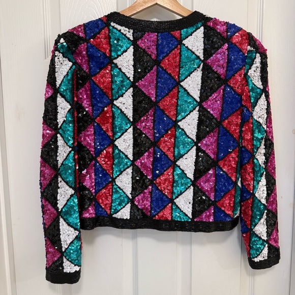 Amazing Vintage Condition Nite Line Silk Harlequin Diamond Sequin Beaded Jacket - Picture 4 of 7